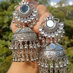 SZN Silver Plated Artificial Studded and Beaded Oxidised Dome Shaped Jhumkas-8