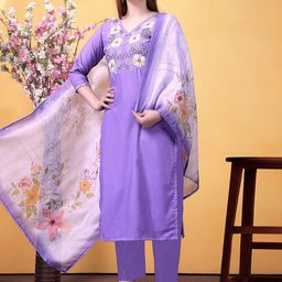 KALINI Floral Embroidered Straight Thread Work Kurta With Trousers & Dupatta-image-34