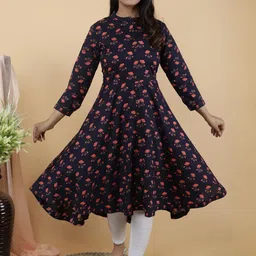 Indiwest Women Navy Blue Floral Printed A-Line Flared Cotton Kurta-picture-11