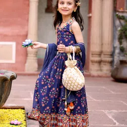 Babyhug Sleeveless Choli & Lehenga Set with Dupatta Floral Print & Sequin Embroidered Border Designs - Blue-picture-38