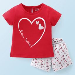 Babyhug Cotton Knit Half Sleeves Night Suit Heart Print - Red & Melange-image-16