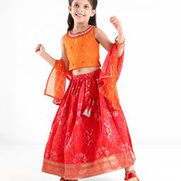 Babyhug Sleeveless Zari Embroidered Choli with Pattola Printed Lehenga and Dupatta Set - Red & Mustard-image-31
