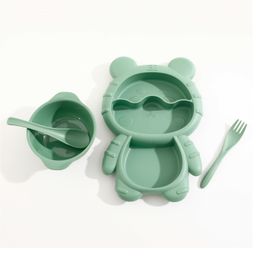 Bear Shaped Sectioned Plate with Bowl ,Spoon & Fork - Green-45