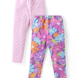 Babyhug Cotton Lycra Knit Full Length Stretchable Leggings  with Floral & Polka Dots Print Pack of 2 - Multicolour-image-56