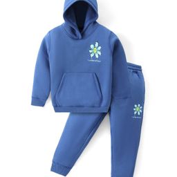 Doreme Fleece Knit Full Sleeves Hooded T-Shirt & Lounge Pants Set With Floral Print - Blue-picture-18