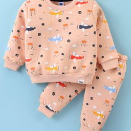 Teddy Fleece Knit Full Sleeves Winter Wear Co-Ord Set With Airplanes Print - Peach-image-93