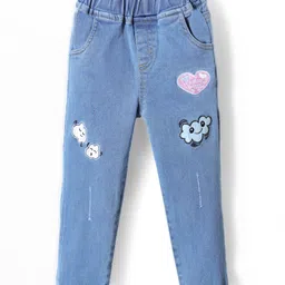 Kookie Kids Cotton Lycra Denim Full Length Jeans With Mild Distress & Embroidery Detailing - Blue-picture-8