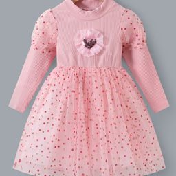 Kookie Kids Full Sleeves Shimmered Polka Dots Printed Mesh Party Frock with Heart Applique - Pink-picture-20
