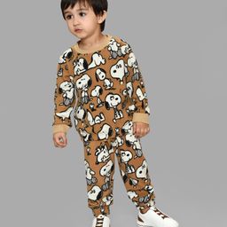 Mi Arcus Peanuts Featuring Full Sleeves Snoopy Printed Tee With Coordinating Pajama Set - Brown-image-22