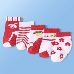 Doodle Poodle Knit Ankle Length Socks with Bunny & Floral Design & Stripes Pack of 5 - White & Red-image-50