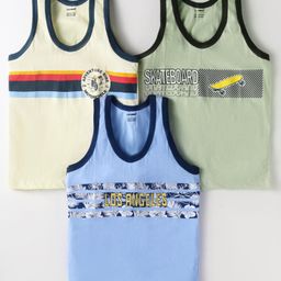 CUCUMBER Sinker Knit Sleeveless Vests with Beach Theme Print Pack of 3 - Blue Olive Green & Cream-image-65