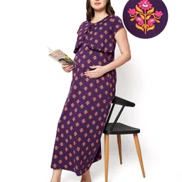 Bella Mama Cotton Knit Half Sleeves Floral Printed Maternity Nursing Nighty With Concealed Zipper - Purple-picture-21