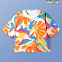 Pine Kids Cotton Knit Half Sleeves Over Sized Top with Tropical Theme Print - White-image-84