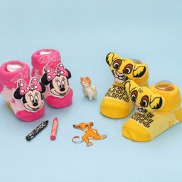 Disney by Yellow Bee Cotton Pack Of 2 Mickey & Friends Featuring Minnie Mouse Applique Detailed 3D Socks - Pink & Yellow-98