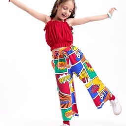 Ollington St. Sinker Sleeveless Solid Top & Culottes Set with Comic Theme Print- Red & Yellow-picture-21