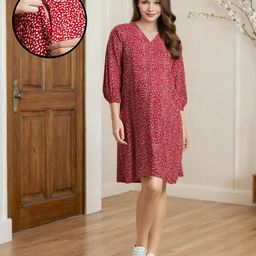 MomToBe Rayon Three Fourth Sleeves Abstract Printed Maternity Dress With Concealed Zipper Nursing Access - Red-image-66