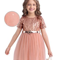 Hola Bonita Knit Half Sleeves Glitter Mesh Party Dress With Sequin Detailing & Belt - Gold-picture-12