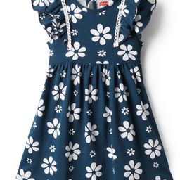 Babyhug 100% Cotton Frill Sleeves Floral Printed Frock With Lace Detailing - Navy Blue-image-116