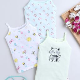 Bumzee Cotton Knit Singlet Sleeves Bees & Animal Printed Slips Pack of 3 - White & Aqua Blue-image-88