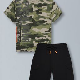 Plum Tree Pure Cotton Half Sleeves Camouflage Printed Tee & Shorts Set - Olive Green & Black-image-44
