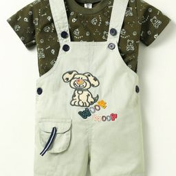 Dapper Dudes Embosis Hosiery Dog Patch Embroidered Dungaree With Half Sleeves Teddy Bear Printed Tee - Grey-image-82