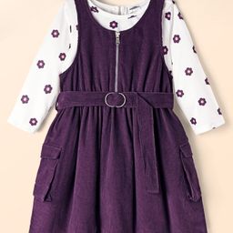 Hola Bonita Cotton Woven Corduroy Dungaree Dress With Floral Printed Full Sleeves Top & Belt - Purple-picture-13