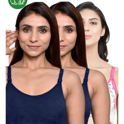 Inner Sense Organic Cotton Knit Pack of 3 Solid & Floral Printed Antimicrobial Maternity Bras With Nursing Access - Multi Colour-picture-26