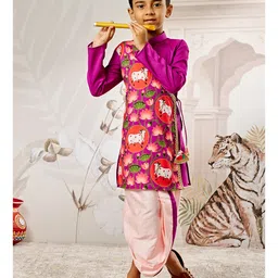 Vastramay Muslin Woven Janmashtami Theme Full Sleeves Cow & Lotus Printed Kurta Dhoti Set - Purple-picture-6