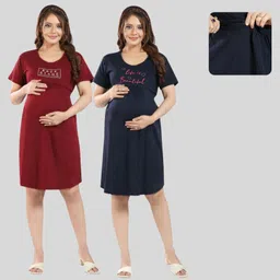 Fabme Pure Cotton Knit Pack Of 2 Half Sleeves Back Stage & Life Is Beautiful Text Printed Maternity Nighties With Horizontal Zipper Nursing Access - Maroon & Blue-picture-28