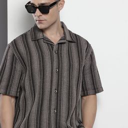 The Indian Garage Co Pure Cotton Striped & Waffle Textured Relaxed Fit Casual Shirt-image-31
