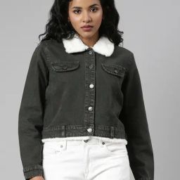 SHOWOFF Olive Regular Fit Crop Denim Jacket-picture-38