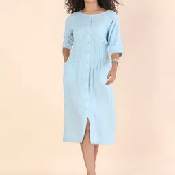 Powersutra Blue Linen Blend Solid Three-Quarter Sleeves Midi Dress-image-71