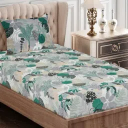 SEJ by Nisha Gupta Floral Green 144 TC Cotton Single Bed Sheet with 1 Pillow Cover-image-58