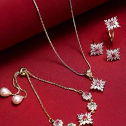 Zeneme Gold Plated Red Green AD Studded Jewellery Set-38