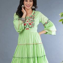 Globus Mint Green & Red Cotton Embroidered A Line Dress-image-99