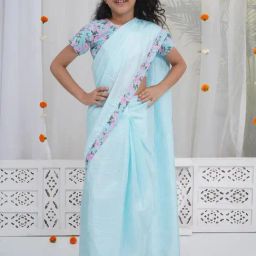 Little Bansi Girls Blue Cotton Floral Print Saree-image-35