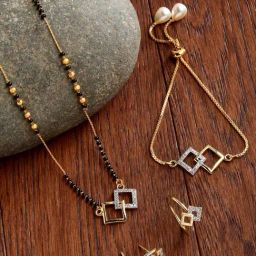 Zeneme Gold Plated White AD Studded Beaded Square Shaped Mangalsutra Set-14