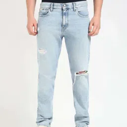 Calvin Klein Jeans Blue Cotton Straight Fit Distressed Ripped Jeans-image-58