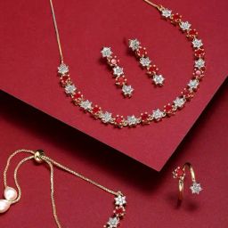 Zeneme Gold Plated Red White AD Studded Jewellery Set-3