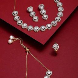 Zeneme Gold Plated White AD Studded Heart Shaped Jewellery Set-10