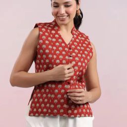 Janasya Red Regular Fit Floral Jacket-image-47