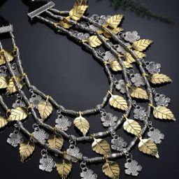 Panash Oxidized Silver Toned & Gold Plated Leaf Shaped Layered Necklace-image-44