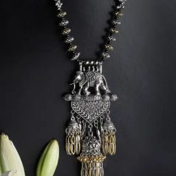 Panash Oxidized Silver Toned & Gold Plated Elephant Shaped Necklace-4
