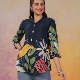 Kaftanize Peacock Blue Bold Floral Printed Relaxed Fit Shirt-image-42
