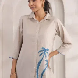 Kaftanize Beige Palm Tree Motif Embroidered Relaxed Fit Shirt-picture-18