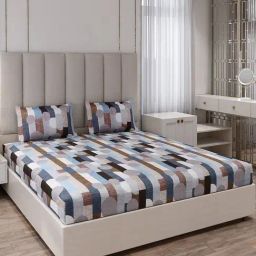 Monte Carlo Ryalking Blue Brown Polyester Printed 135 GSM King Bedsheet with 2 x Pillow Covers-image-51