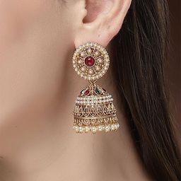 KARATCART Gold Plated Dome Shaped Kundan Antique Jhumkas Earrings-15