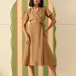 DECKEDUP Women Solid Cotton Wrap Midi Dress-image-22
