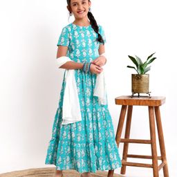 Pine Kids Printed Half Sleeves Choli & Lehenga Set With Dupatta- Turqouise-picture-12