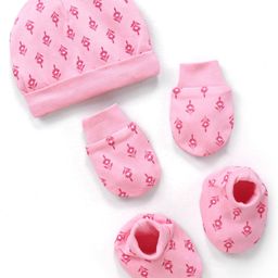 Earthy Touch 100% Cotton Knit Cap Mittens & Booties Set Floral Prints Pink - Cap Diameter 9.5 cm-image-61